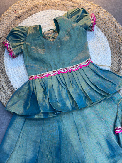 Ice Blue Dual ton Kids Silk Lehenga Choli with Jacquard Weaving & Embroidery Lace