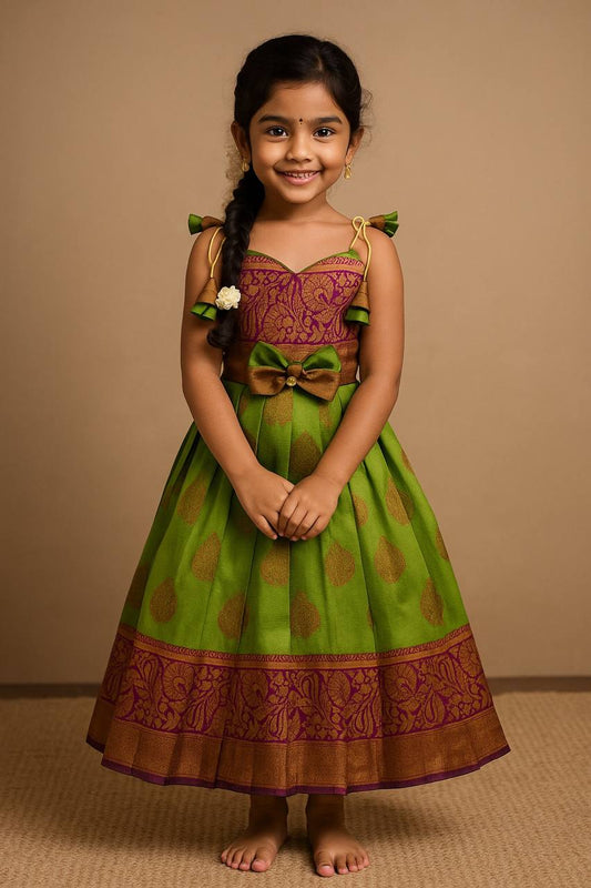 Kids Silk Gown with Jacquard Weaving & Embroidery Lace