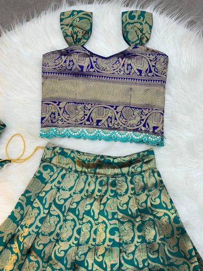 Kids Silk Lehenga Choli with Jacquard Weaving & Embroidery Lace