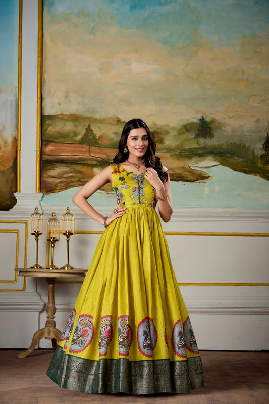 Elegant Dola Silk Kalamkari Print Gown with Zari Weaving Koti