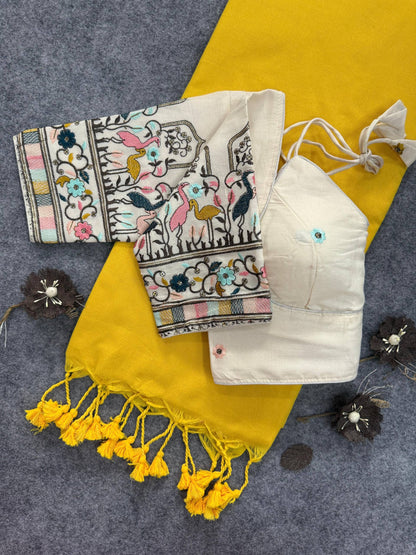 Khadi Cotton With Heavy Embroidery with Aura Cotton Blouse