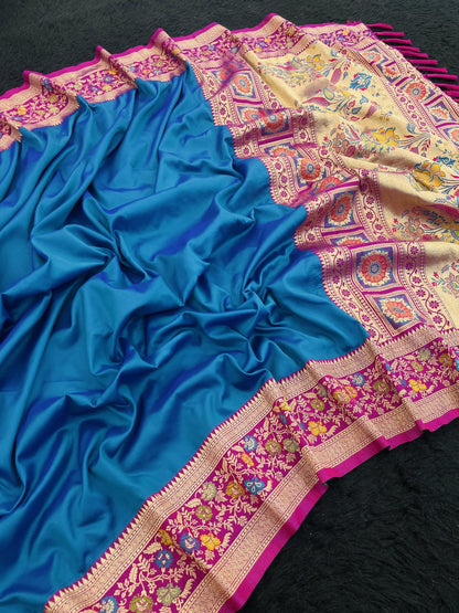 Elegant Gala Plain Body with Kadiyal Paithani Weaves Soft Silk Saree