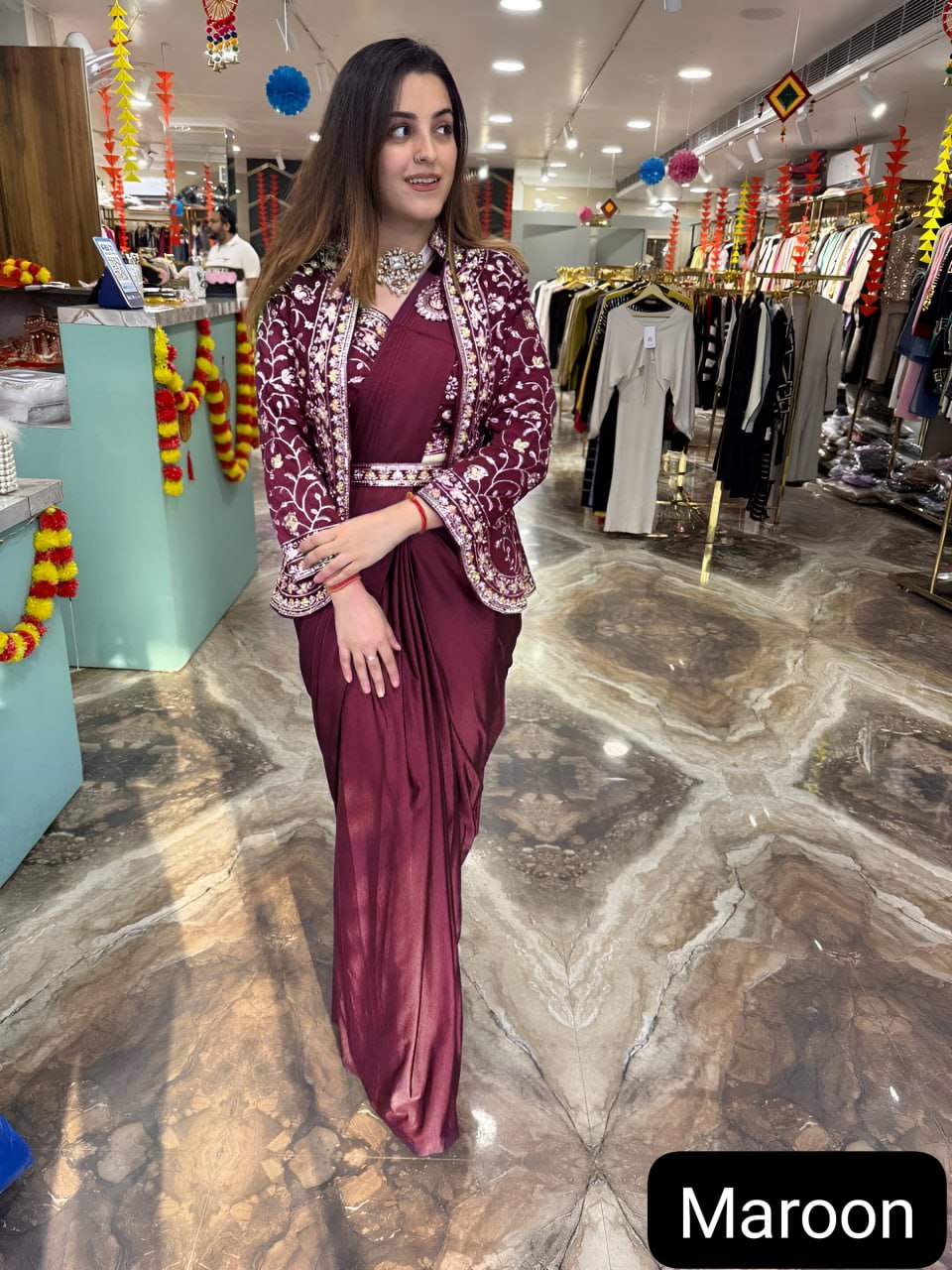 Diamond Satin Silk Ready To Wear Saree With Jacket