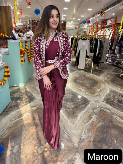 Diamond Satin Silk Ready To Wear Saree With Jacket
