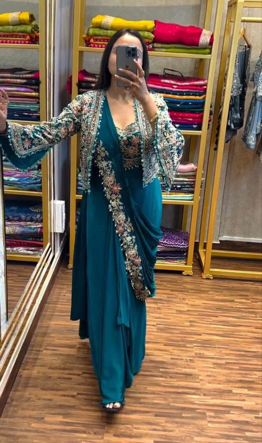 Chinon Silk Ready To Wear Saree With Jacket