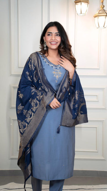 Premium Roman Silk  Designer Kurti Pant Dupatta Set