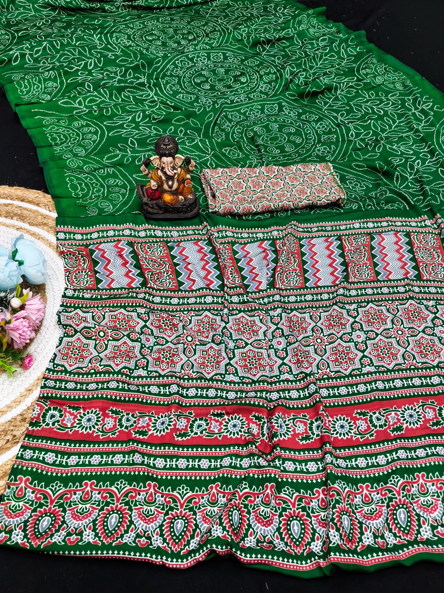 Ajrakh Printed Pallu Bandhej Saree