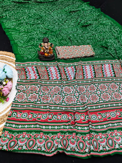 Ajrakh Printed Pallu Bandhej Saree