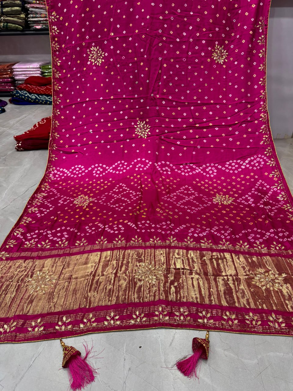 Bandhani With Pure Lagadi Patta With Hand Work Saree