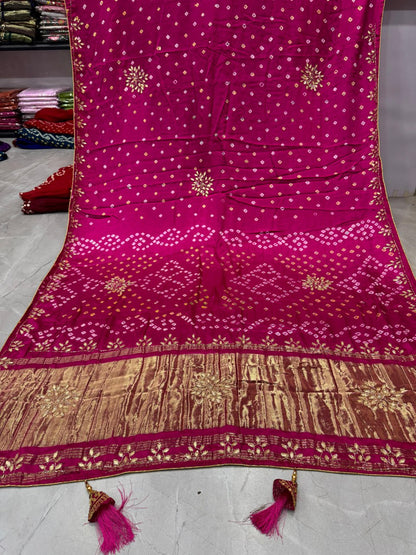 Bandhani With Pure Lagadi Patta With Hand Work Saree