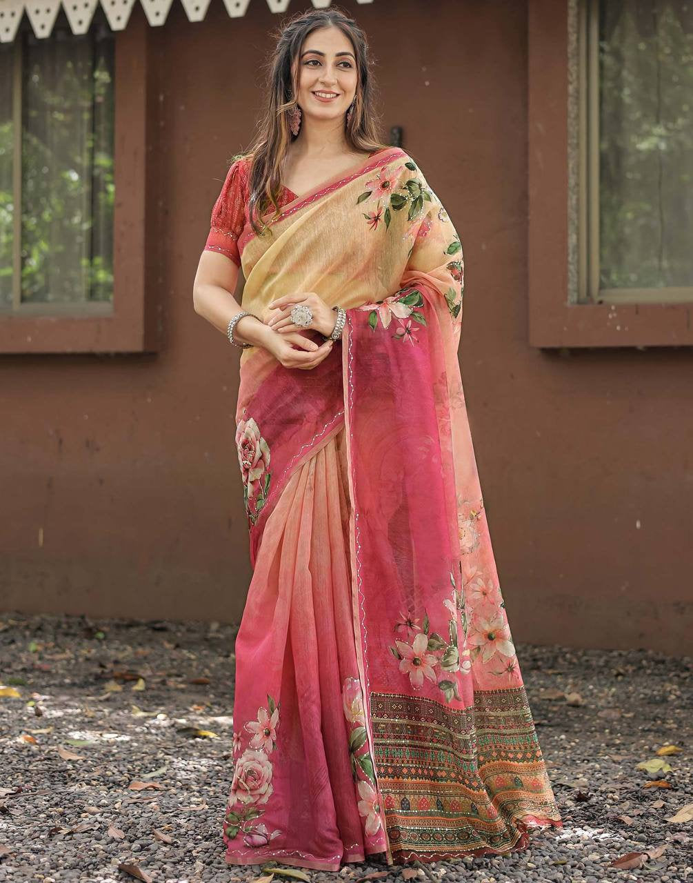 Linen Printed Saree with Sequin & Zari Border