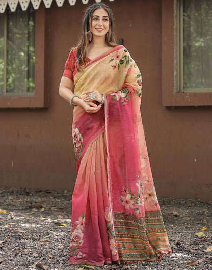 Linen Printed Saree with Sequin & Zari Border