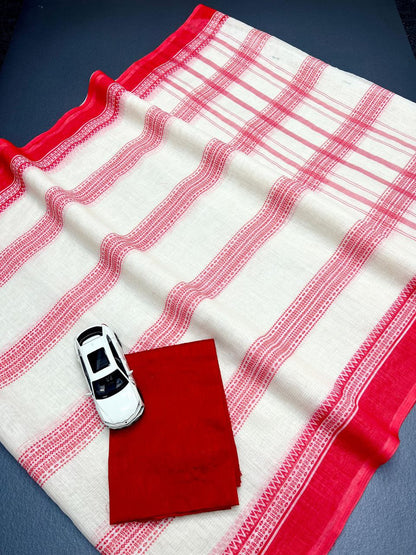 Plain Linen Digital Print Saree