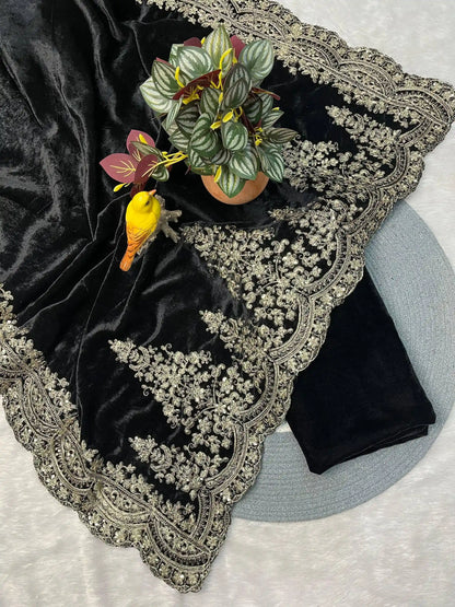 Designer Viscose Velvet Saree with Sequins & Jari Dori Embroidery | Winter Special – 6043