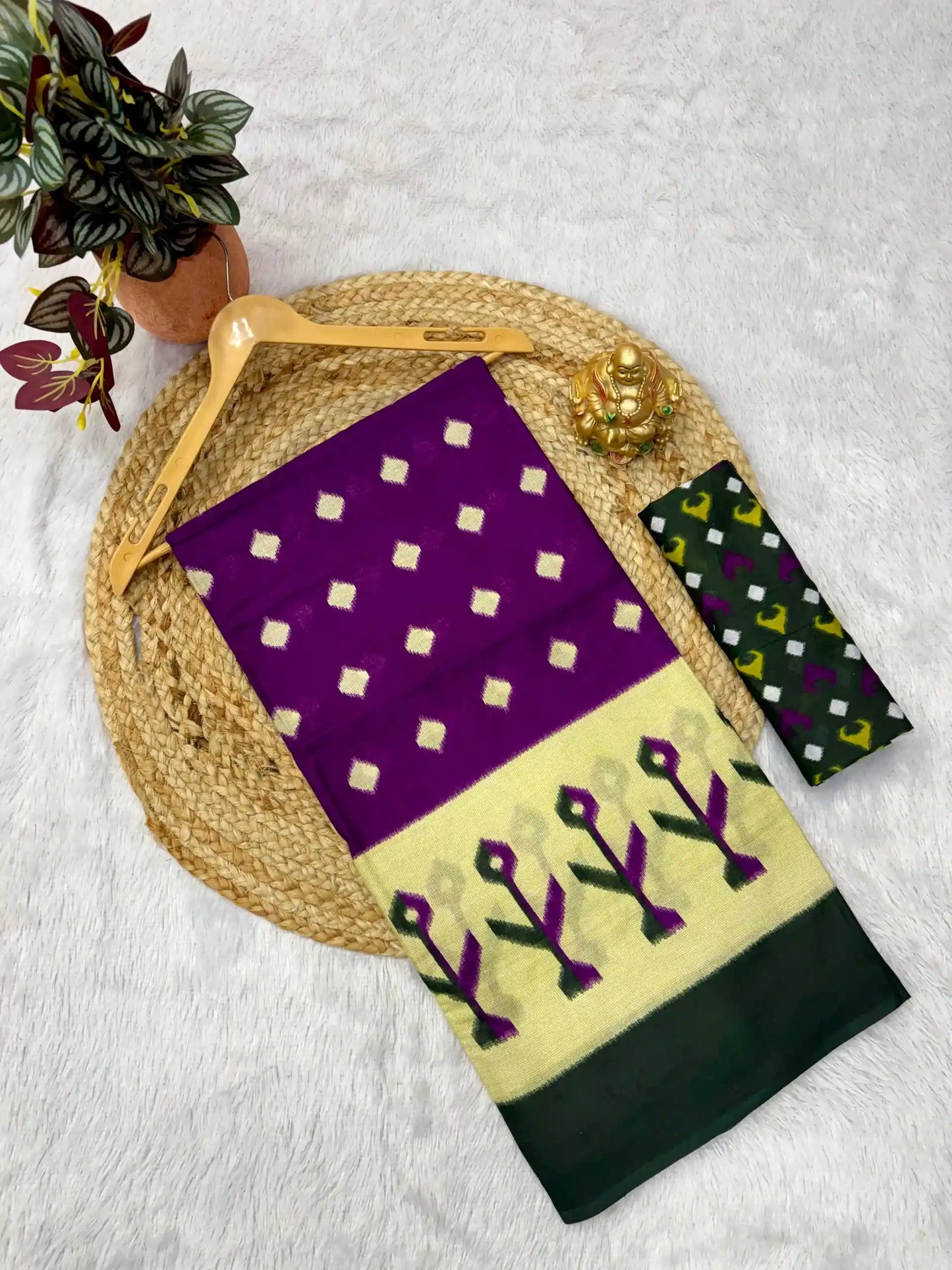 Traditional Hand Block Mulmul Cotton Saree | Ikkat Print Pure Cotton Saree – AANGAN