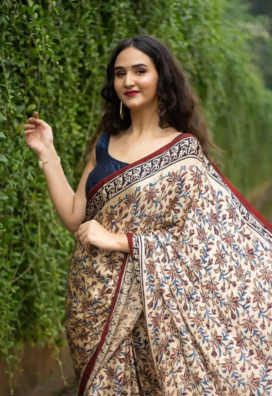 Ajrakh Print Semi Gajji Silk Saree with Rich Pallu & Contrast Blouse – SF-2302