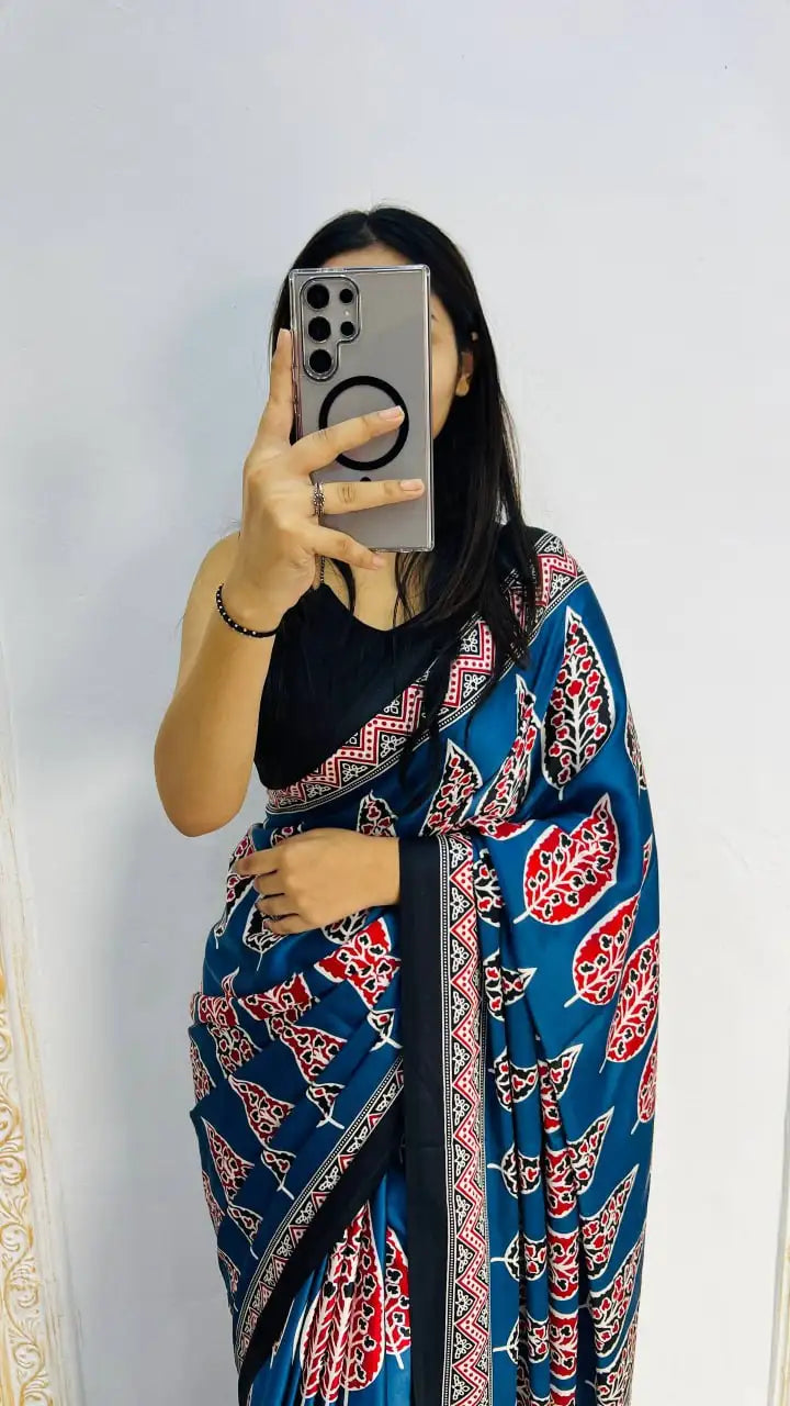 Ajrak Print Japan Satin Silk Saree (Semi Gajji) with Contrast Blouse – SF-2296