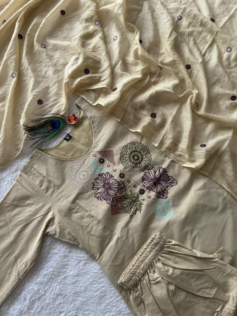Pure Cotton Embroidered Kurti Set with Mul Cotton Dupatta – Cream | KR-401