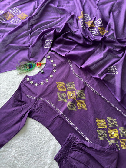 Pure Cotton Kurti Set with Real Mirror Hand Work & Mul Cotton Dupatta – Purple | KR-393