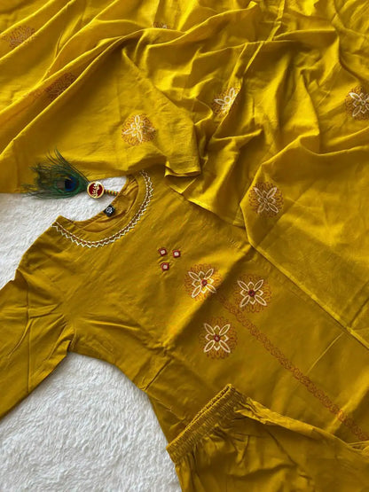Pure Cotton Kurti Set with Real Mirror Hand Work & Mul Cotton Dupatta – Mustard Yellow | KR-394