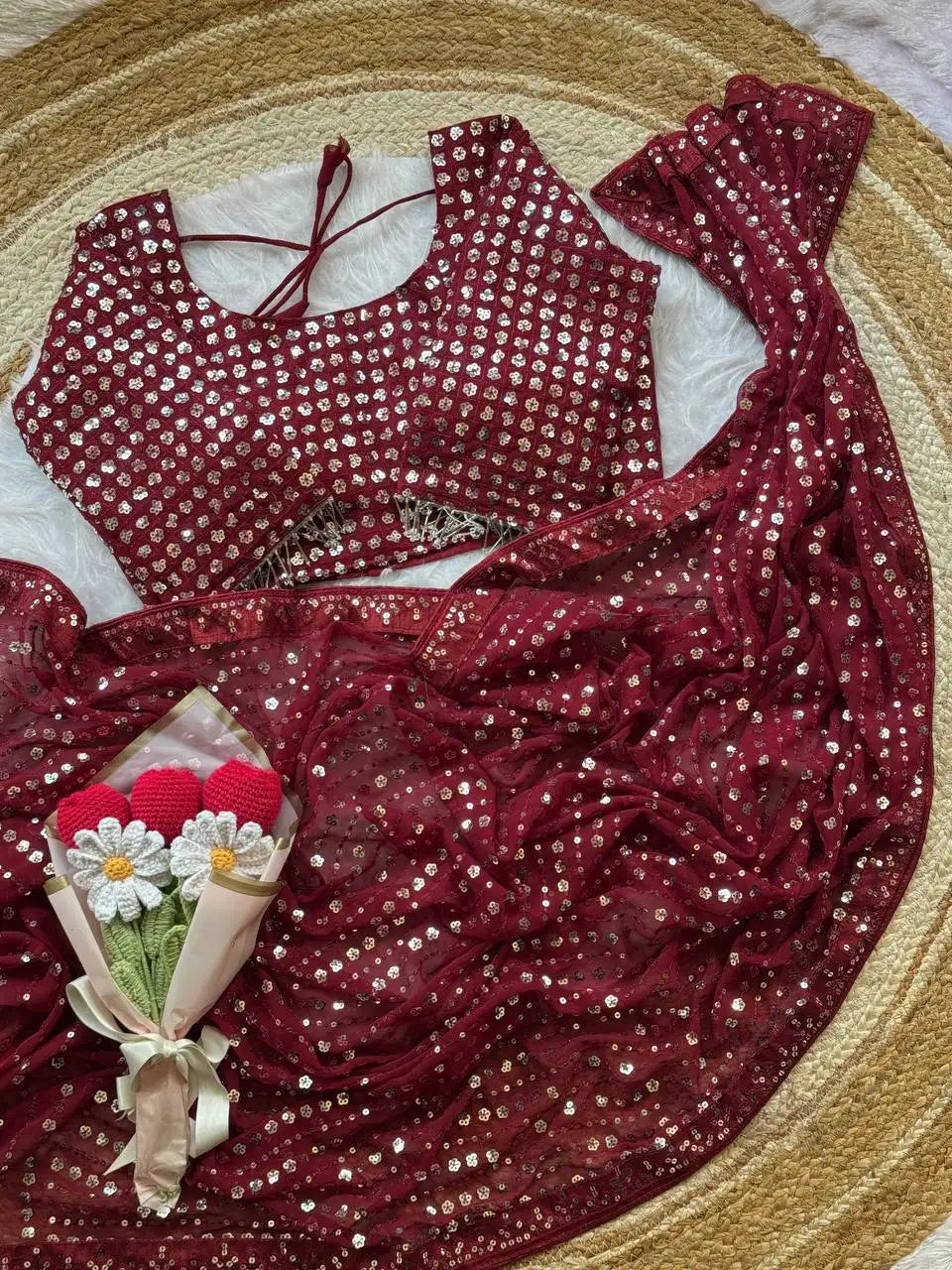 Soft Georgette Saree with Heavy 5mm Sequin Embroidery, Lace Border & Piping - DOLLEE