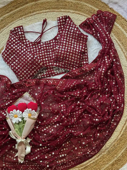 Soft Georgette Saree with Heavy 5mm Sequin Embroidery, Lace Border & Piping - DOLLEE