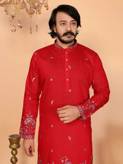 Men's Embroidered Linen Kurta Pyjama Set - Wedding & Festive Wear Vantara-05