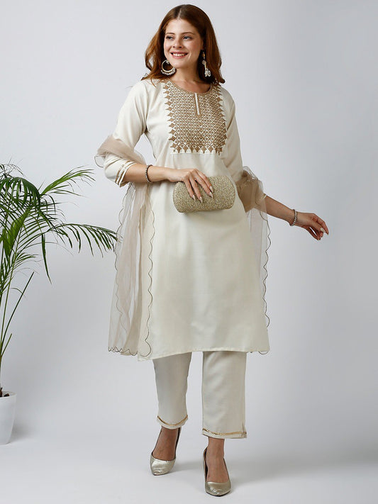 Slub Cotton Fully Stitched Ethnic Set with Dupatta