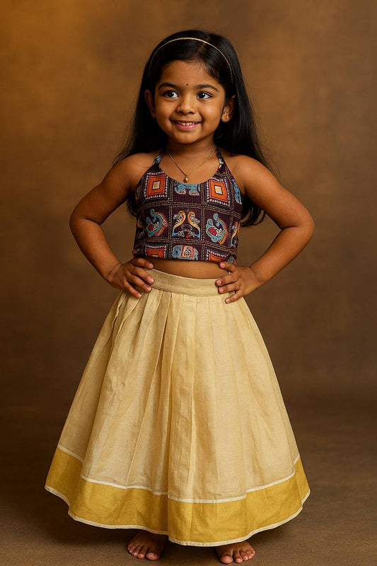Kids Kerala Silk Lehenga Choli with Ajrakh Print Blouse