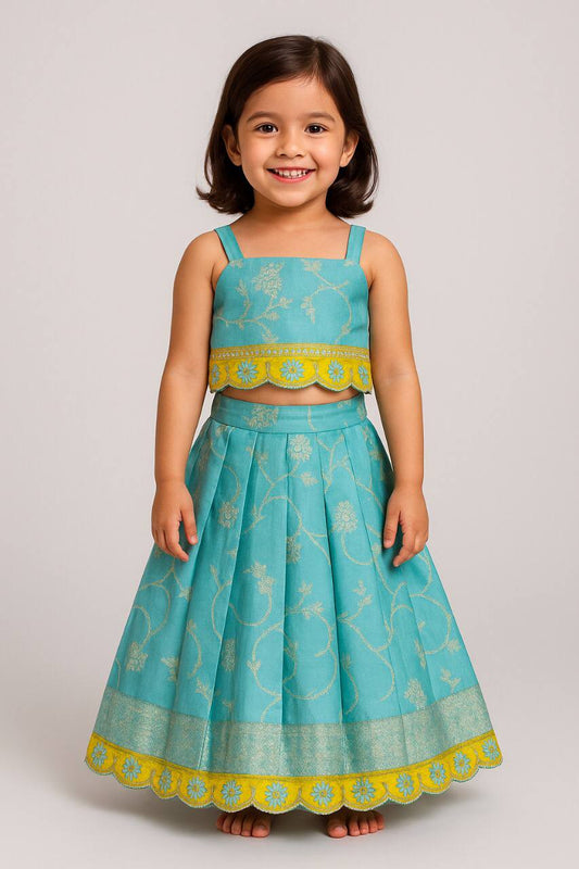 Soft Silk With Pure Zari Waving Fabric Kids Silk Lehenga Choli with Jacquard Weaving & Embroidery Lace
