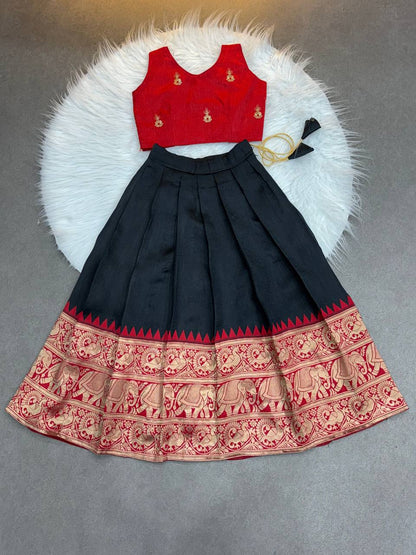 Kids Silk Lehenga Choli with Jacquard Weaving & Embroidery Lace