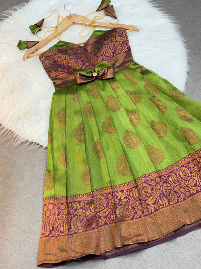 Kids Silk Gown with Jacquard Weaving & Embroidery Lace