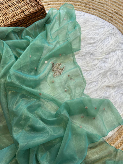 Pure Tissue Silk in solid color Saree With Embroidery viscose thread work with zarkhan