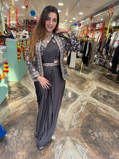Diamond Satin Silk Ready To Wear Saree With Jacket