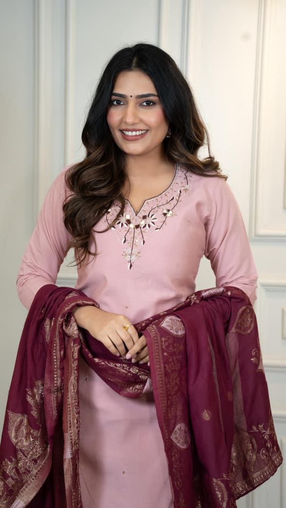 Roman Silk Hand Work Suit With Jacquard Dupatta