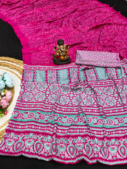 Ajrakh Printed Pallu Bandhej Saree