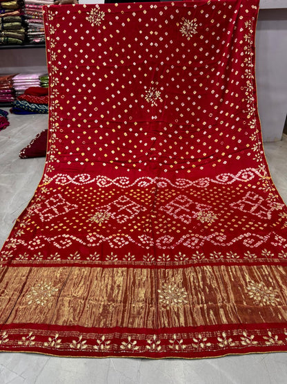 Bandhani With Pure Lagadi Patta With Hand Work Saree