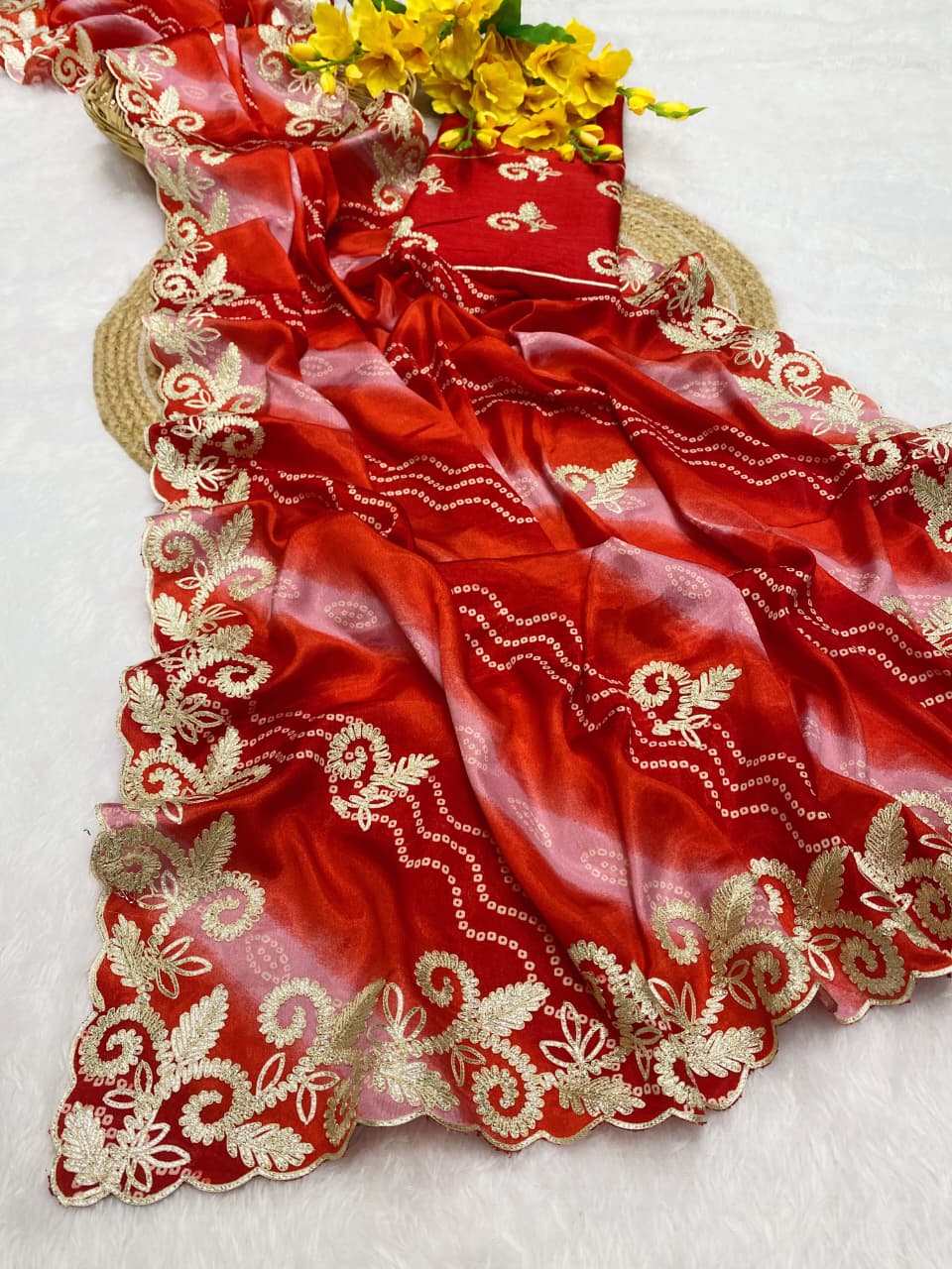 Chinnon sarees with complete Lehriya Bandhani print