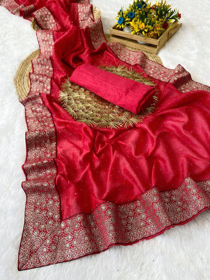 Vichitra Silk Saree with Diamond Work