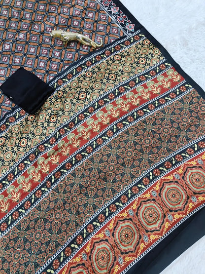 Ajrakh Print Semi Gajji Silk Saree with Rich Pallu & Contrast Blouse –  2303B