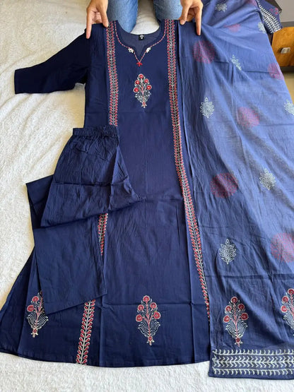 Pure Cotton Block Print Kurti Set with Real Mirror Work & Mul Cotton Dupatta – Navy Blue | KR-398