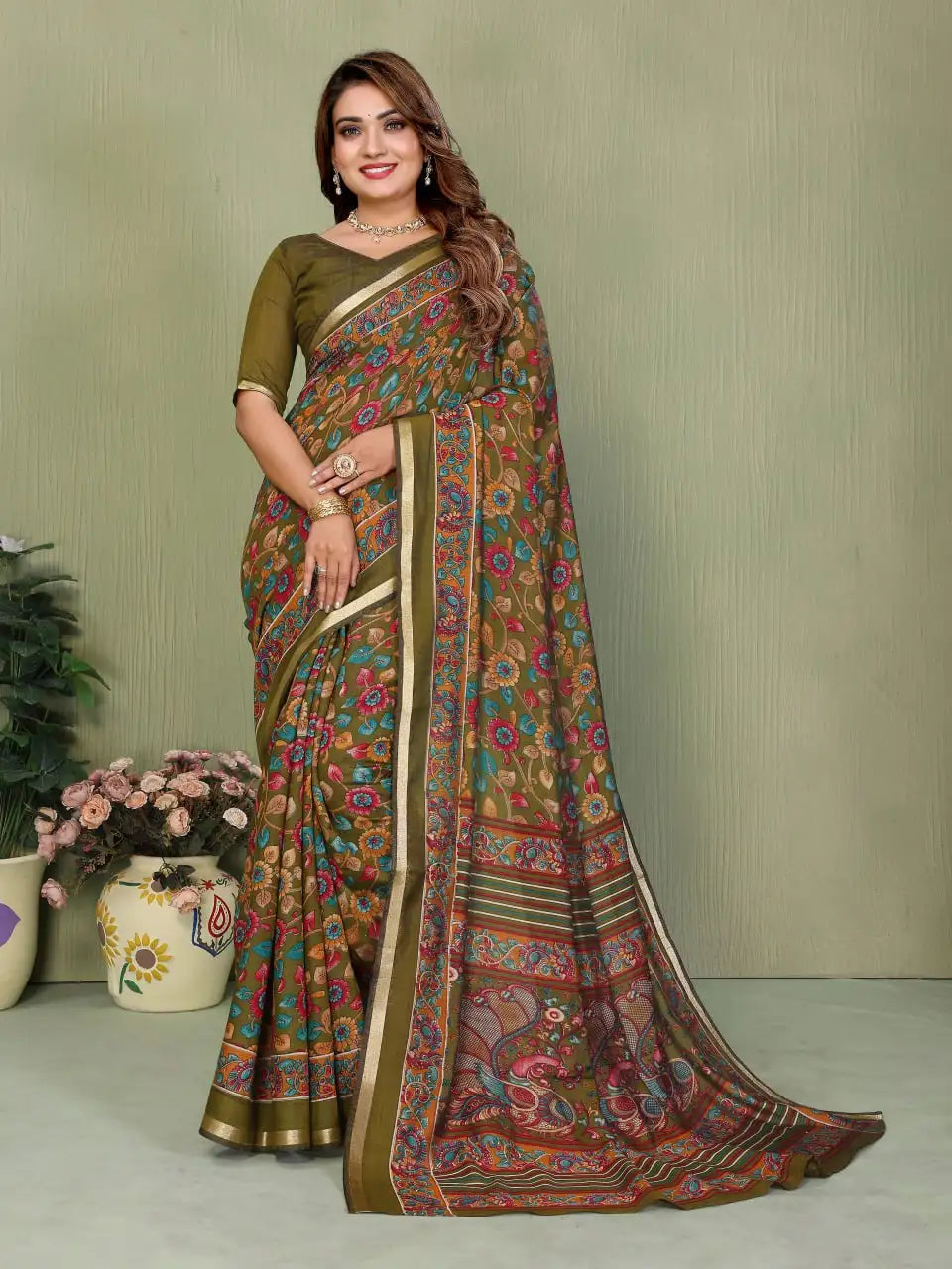 Mul Cotton Kalamkari Print Saree – Handcrafted Traditional Art & Breathable Comfort | BHANUMATI-4