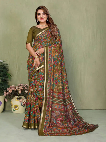 Mul Cotton Kalamkari Print Saree – Handcrafted Traditional Art & Breathable Comfort | BHANUMATI-4