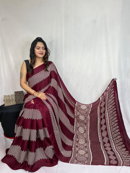 Digital Print Border with Ajrakh Rich Pall Semi Gajji Silk Soft and Smooth Saree