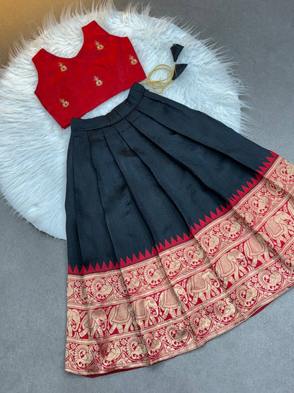 Kids Silk Lehenga Choli with Jacquard Weaving & Embroidery Lace