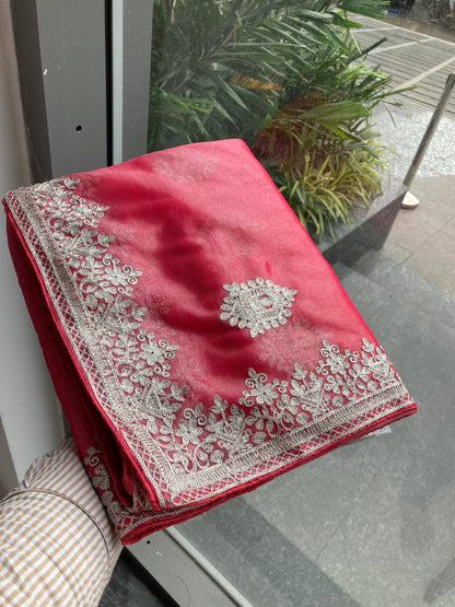 Sisara Party Wear Twill Net Saree with Sequins Embroidery & Solid Blouse