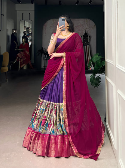 NITRIYA Poly Chanderi Kalamkari Print Lehenga Choli with Zari Stripe & Georgette Dupatta