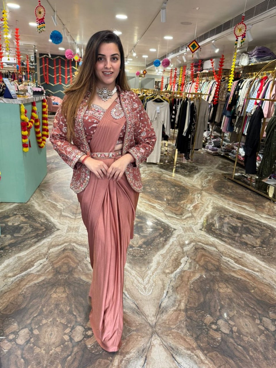 Diamond Satin Silk Ready To Wear Saree With Jacket