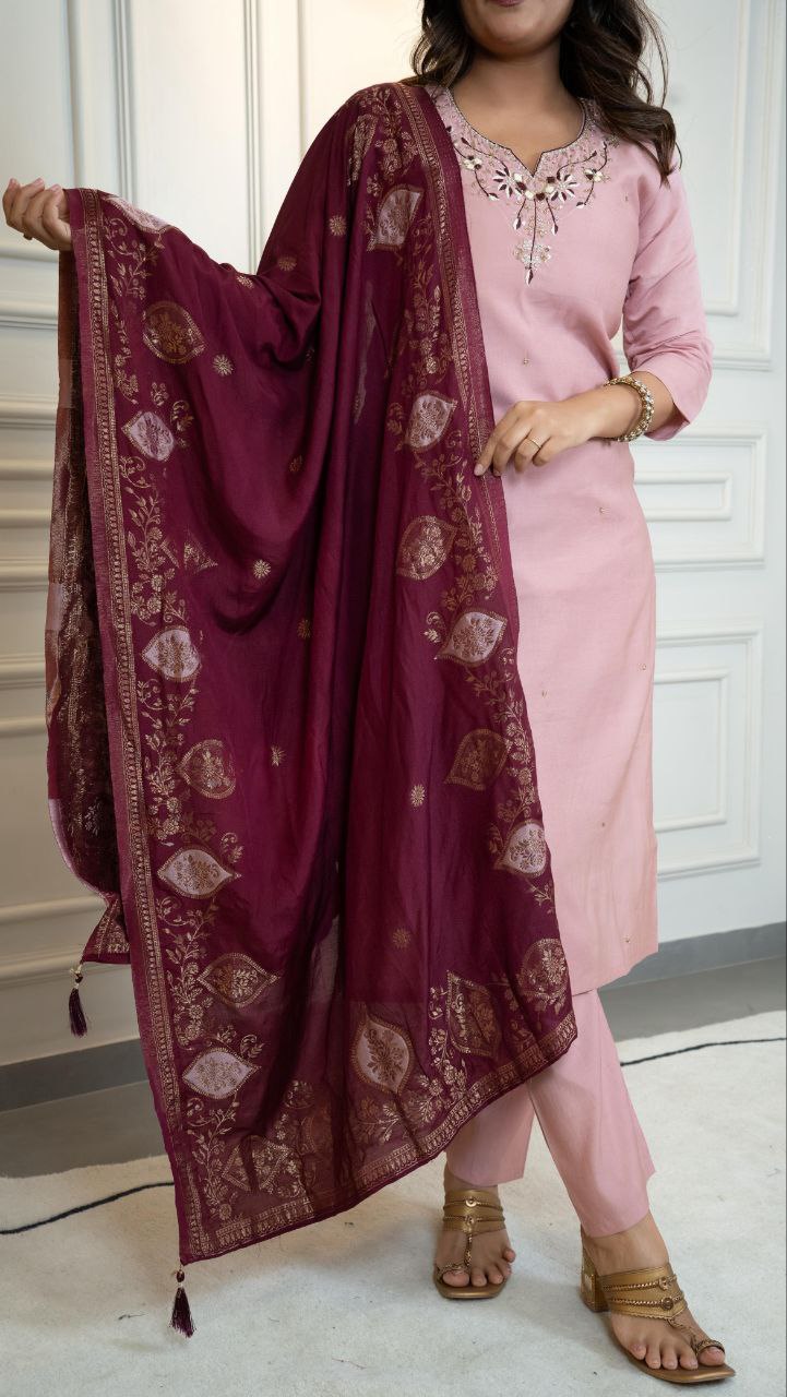 Roman Silk Hand Work Suit With Jacquard Dupatta