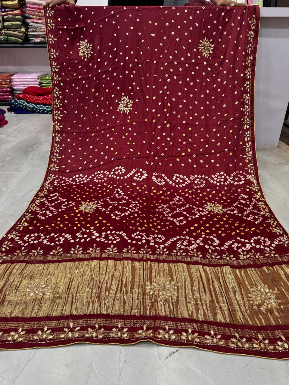 Bandhani With Pure Lagadi Patta With Hand Work Saree